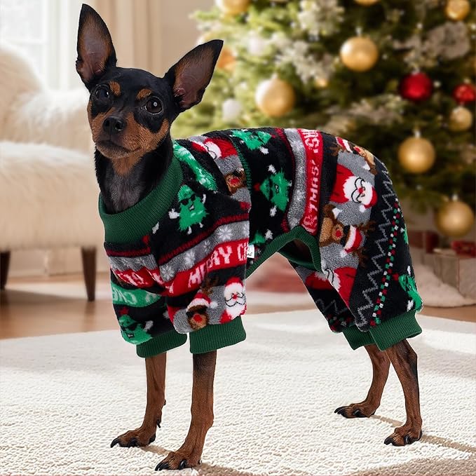 XPUDAC Christmas Dog Pajamas Fleece Dog Sweater Holiday Pet Outfit for Small Medium Dogs Girl Boy Puppy Clothes Onesie, XS