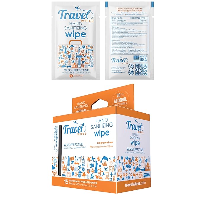 Hand Sanitizing Travel Wipes – 15ct Individually Wrapped | Fragrance-Free, Moisturizing, 70% Isopropyl Alcohol Wipes | Travel, Home, Office, Daily Use | Made in USA