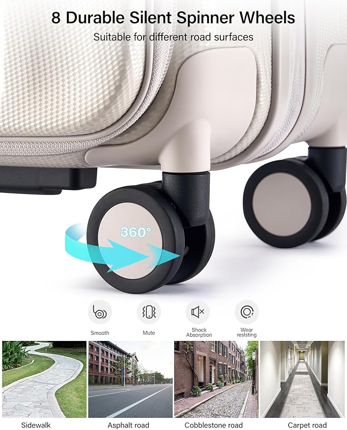 Hanke 20 Inch Expandable Carry On Luggage Airline Approved Top Opening Hard Shell Suitcases with Wheels Lightweight Travel Luggage Carry On Suitcase for Woman Men-Ivory White