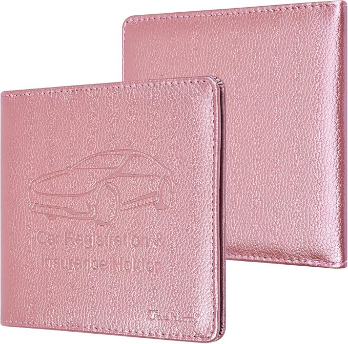 Car Insurance and Registration Holder, 5.5 x 5 Inch PU Leather Vehicle Glove Box Organizer Wallet Case for Insurance Card, Driver License, Paperwork - Rose Gold