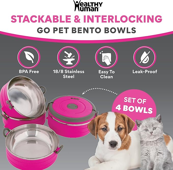 Healthy Human Travel Pet Bento Bowls - Human-Grade Stainless Steel & BPA-Free, Leak-Proof Water & Food Container Set for Dogs & Cats, 4-Pack Interlocking Bowls, Includes Spare Clips & Handle (Pink)