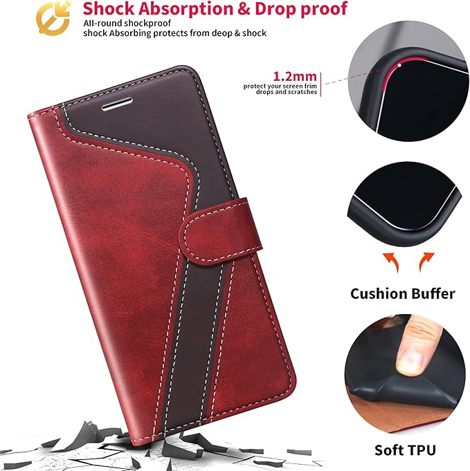 CIVICASE for iPhone 16 Wallet Case,PU Leather Flip Case RFID Blocking Credit Card Holder Folio Magnetic Stand TPU Shockproof Cover Compatible with iPhone 16, Red Brown