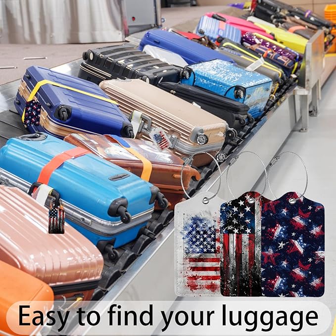 American Flag 3 Pack Luggage Tags, PU Leather Luggage Tags for Suitcase,Name ID Labels with Privacy Cover Suitcases and Metal Loop for Travel Bag Suitcase