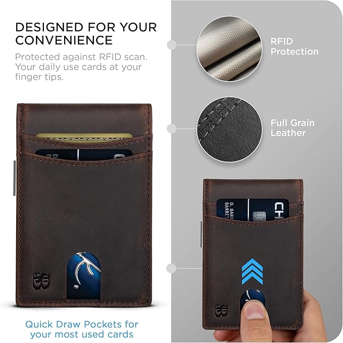 SERMAN BRANDS Mens Money Clip Wallet. RFID Blocking Slim Front Pocket Wallets for Men, Full Grain Leather RFID Minimalist Card Holder | RFID Blocking, Slim, Front Pocket, RFID, Minimalist, Card Holder