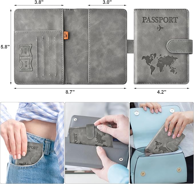Eoehro Passport Holder for Travel Essentials, Passport Wallet Cover Case for Travel Must Haves Accessories,Passport Book Holders for Women and Men(gray)