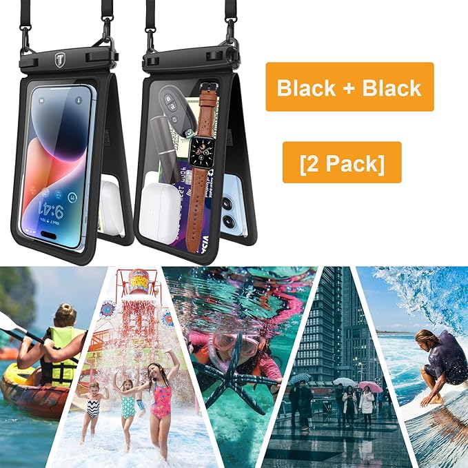 Takfox Double Space Waterproof Phone Pouch [2-Pack], Dual Large Cellphone Dry Bag Case for Samsung Galaxy S25 Ultra S24 S23 S22 A16 A15 A14 A36 iPhone 16 Pro Max Fit All Phones Up to 7"-Black/Black