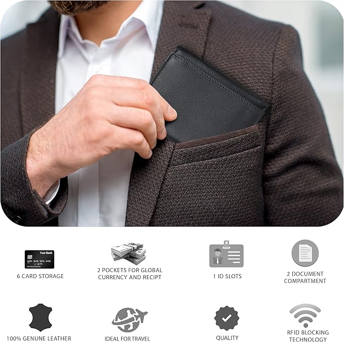 Tri fold Leather Wallet for Men with RFID | Slim Wallets for Men with 1 ID and 6 Credit card slots | Front Pocket Minimalist