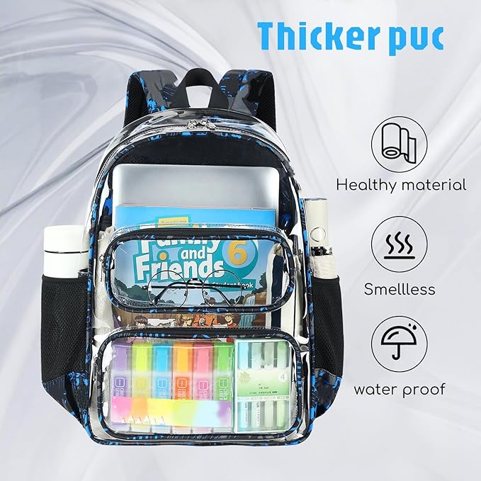 CAMTOP Clear Backpack Heavy Duty Transparent Bag See Through BookBag for Student School Work Festival Sport Travel (Blue Camo Set)