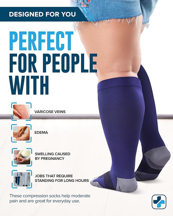 Doctor's Select 3 Pairs Plus Size Compression Socks Wide Calf - Up to 6XL | 20-30 mmHg Compression Socks for Women Wide Calf Soreness Support | Black, Gray, Navy