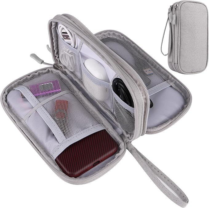 JIAKAI Travel Cable Organizer - Electronics Accessories Bag, Universal Electronic Organizer for Cables, Chargers, Phones (Double Layer - Grey)