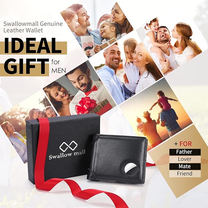 Swallowmall AirTag Wallet Mens RFID Blocking Genuine Leather Bifold Men's Wallet For air tag with 2 ID Window 10 Card Holders Removable Card Slot Black(Airtag Not included)