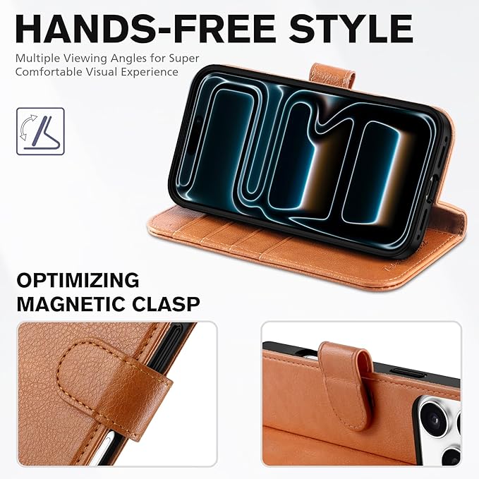 TUCCH Wallet Case for iPhone 17 Pro Max (6.9") 2025, 4 Card Holders | RFID Blocking | Stand | PU Leather | Magnetic Closure | Protective Folio Cover | Shockproof TPU Shell | Light Brown