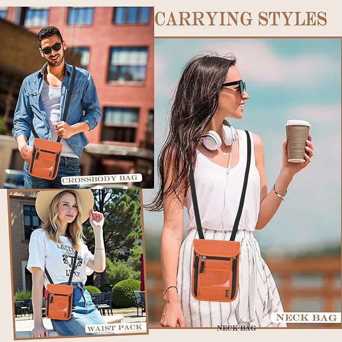 Passport Holder for Travel, Neck Pouch Travel Wallet With RFID Blocking, Waterproof Lightweight Passport Wallet for Women and Men (Orange)