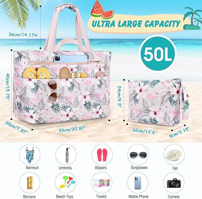 Extra Large Beach Bags for Women, Waterproof Sandproof Beach Tote Bag Zipper Foldable Swim Pool Bag with Wet Pocket