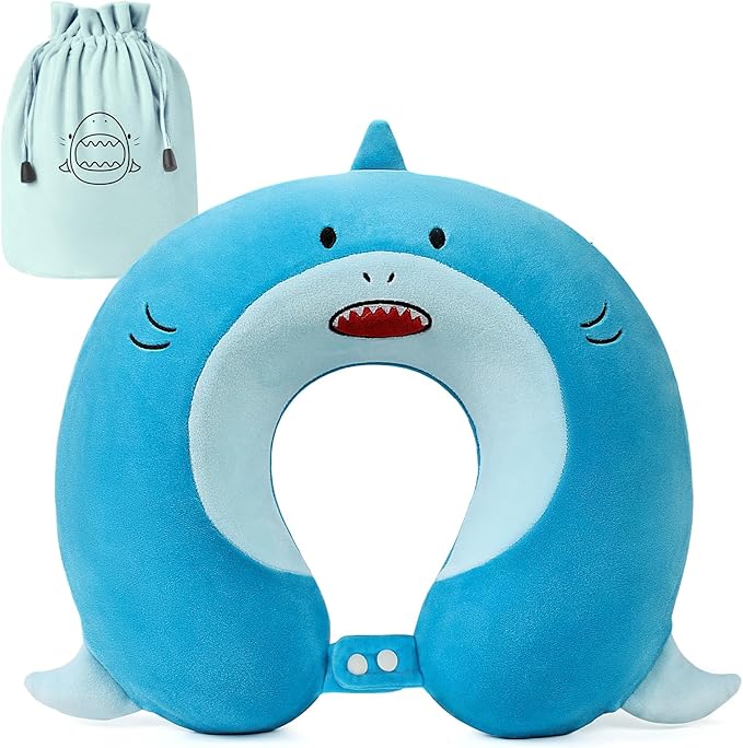 Kids Neck Pillow for Traveling, Adujstable Airplane Pillow with Travel Bag, Travel Essentials for Long Flights, Soft & Support Airplane Pillow for Headrest Sleep - Blue Shak