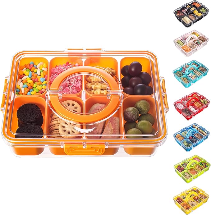 Divided Serving Tray with Lid and Handle - Snackle Box Charcuterie Container for Portable Snack Platters Organizer for Candy, Fruits, Nuts, Snacks - Perfect for Party, Entertaining, Orange