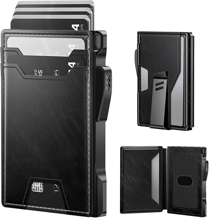 typecase Wallet for Men: Rfid Blocking Wallet 9-13 Card Capacity with Money Clip Slim Leather Front Pocket Smart Pop Up Card Case Bifold Minimalist Wallet with Gift Box - Atlanta Black