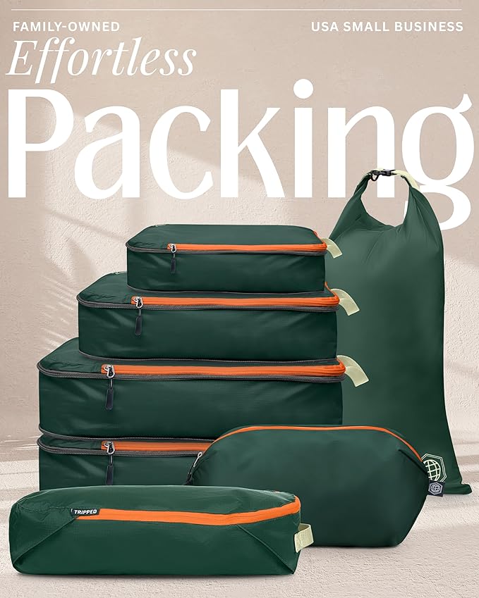 Large Compression Packing Cubes for Travel-Packing Cube Luggage Organizers 7 Piece Set for Checked Luggage-Ultralight, Expandable/Compression Bags by TRIPPED Travel Gear (Green/Orange)