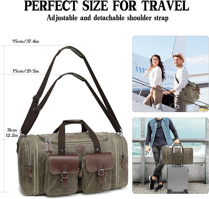 Waxed Canvas Duffle Bag for Men 60L Travel Duffel Bags Expandable Genuine Leather Duffel Overnight Weekender Carry On Bag Two Zipper Pockets Travel Bag (Vintage Grey, X Large-60L)