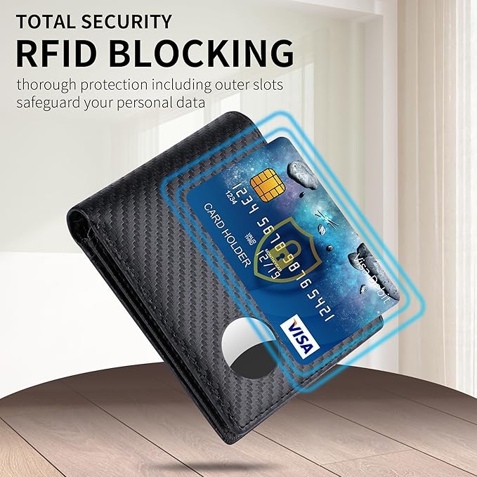 Swallowmall AirTag Wallet Mens RFID Blocking Genuine Leather Bifold Men's Wallet For air tag with 1 ID Window 13 Card Holders BlackStripe(Airtag Not included)