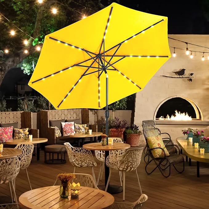 Sundale Outdoor 7 ft Solar-Powered 24 LED Lighted Patio Umbrella with Crank & Push Button Tilt for Garden, Deck, Backyard, Pool, 8 Ribs (Yellow)