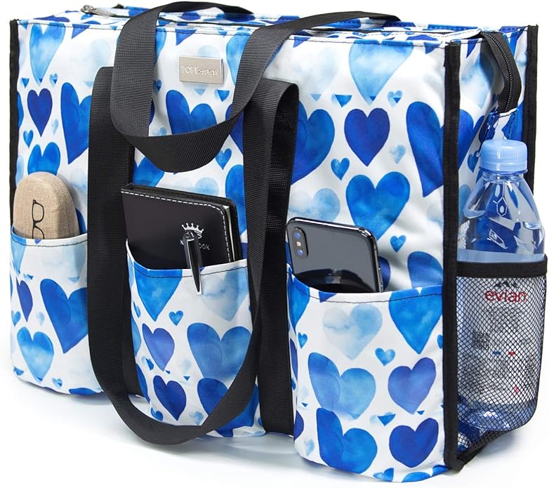 TOPDesign Utility Water Resistant Tote Bag with 13 Pockets, Top Zipper Closure & Thick Bottom Support, for Working Women