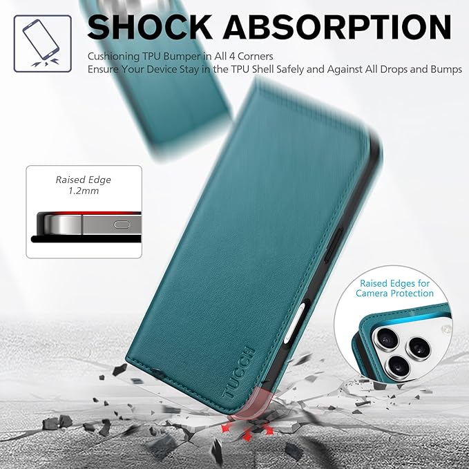 TUCCH Case Wallet for iPhone 17 Pro (6.3-Inch) 2025, [3 Card Slots] Kickstand [RFID Blocking] PU Leather Case, Flip Folio Cover with [TPU Shockproof Interior Shell], Teal Green