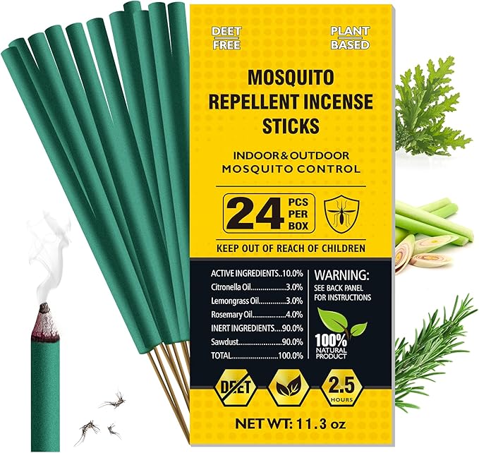 BugBai® Mosquito Repellent Outdoor Patio, 24PCS Natural Citronella Incense Sticks with Plant-Based Essential Oil of Lemongrass Rosemary, DEET-Free 2.5H Protection for Indoor Home Yoga Camping Fishing