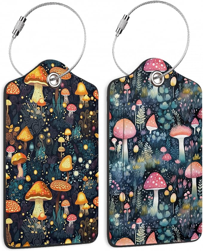 Retro Mushrooms Luggage Tags, 2 Pack Travel Cruise Tags for Suitcases,Cute Identifiers with Privacy Flap, Baggage Tags for Women Men Handbag