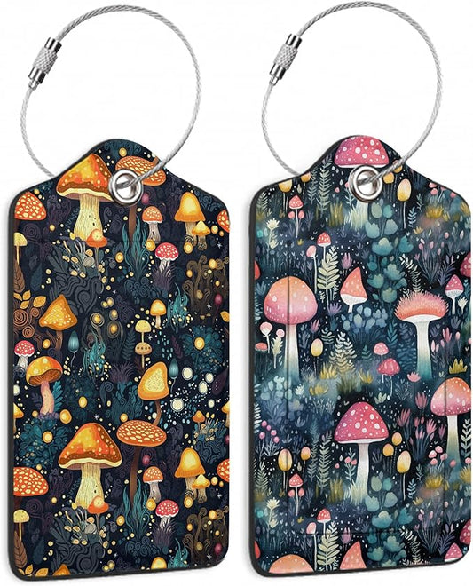 Retro Mushrooms Luggage Tags, 2 Pack Travel Cruise Tags for Suitcases,Cute Identifiers with Privacy Flap, Baggage Tags for Women Men Handbag