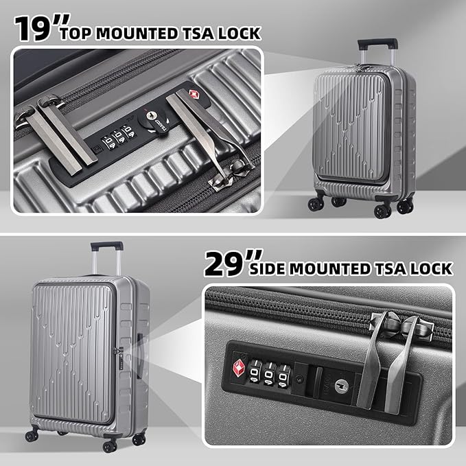 2 Pieces 19/29 Luggage Sets, 19 Inch Carry On Luggage with Front Pocket & 29 Inch Side Opening Suitcase, Ligthweight ABS+PC Hardshell, Gray