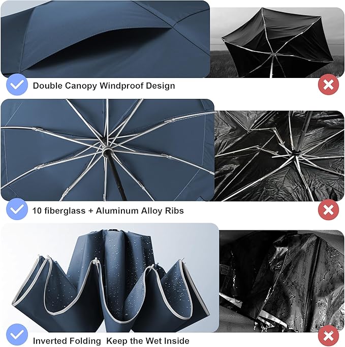 Urvoix Compact Golf Umbrellas Windproof, Travel Umbrella for Rain, 10 Ribs Aluminum Alloy & Fiberglass w/Reflective Stripe, Double Canopy Automatic Anti-bounce Close