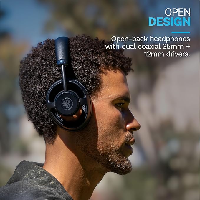 JLab JBuds Open Wireless Headphones, Black, Open-Back, Immersive Sound, Dual Coaxial 35mm + 12mm Drivers, Comfortable Breathable Open Fit, All Day Listening 24 Hour Playtime, Customize App