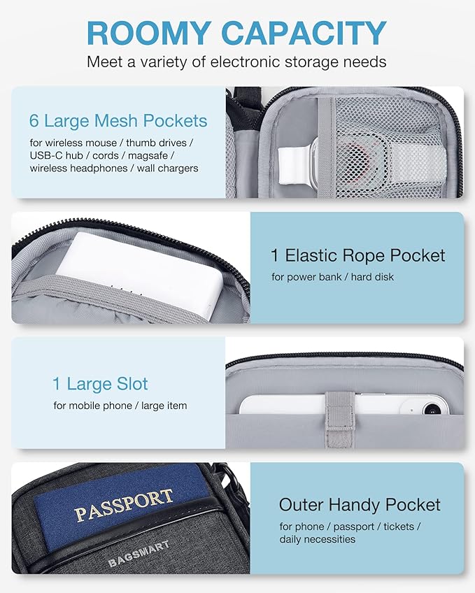 BAGSMART Cord Organizer Travel Cable Organizer Bag Tech Electronic Organizer Travel Case, Travel Essentials for Charger, Cable, Phone, Flash drive, Double Layer-Black