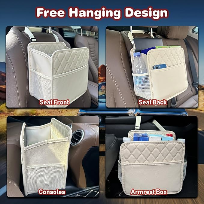 2 Pack Upgraded Car Seat Organizer Backseat with Storage Pockets, Multipurpose Car Organizer Hanging Car Trash Bag Premium PU Leather Garbage Can 2.14 Gallon Large Capacity Accessories Beige