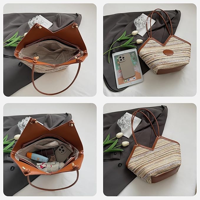 ZOCILOR Women's Straw Shoulder Tote Bag with PU Leather Trim, Large Woven Beach Handbag, Lightweight Casual Summer Purse