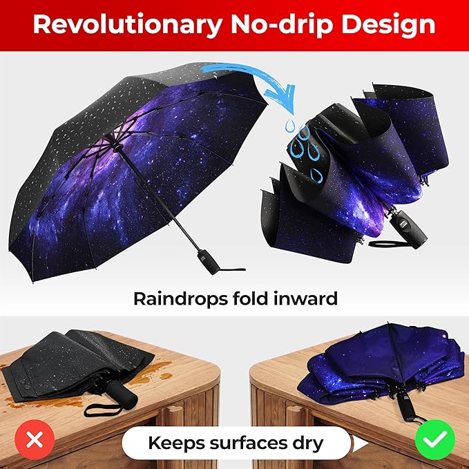TUMELLA Flip-proof Inverted Travel Umbrella, Small Strong but Light Portable and Automatic Reverse Folding Rain Umbrella, Durable Premium Grip, Fits Car & Backpack