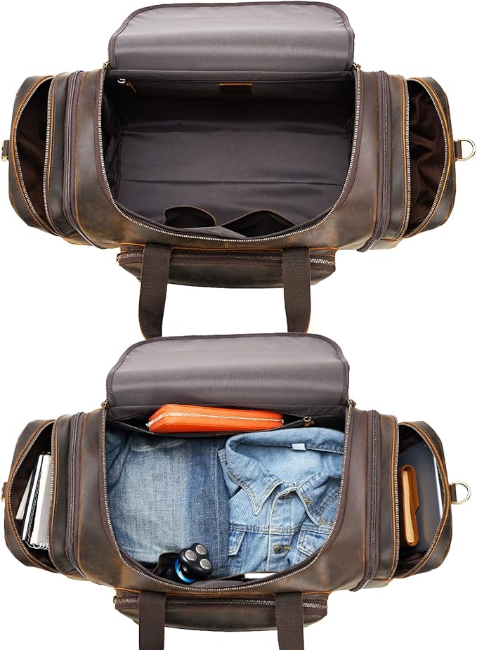 Polare 23'' Expandable to 28'' Full Grain Cowhide Leather Vintage Duffle Weekender Overnight Travel Duffel Bag For Men