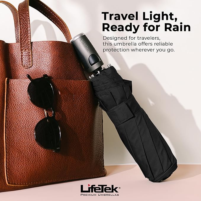 LifeTek Premium Travel Umbrella - Windproof & Compact for Men & Women, Automatic Open Close, Fits in Purse Laptop Bag or Backpack, Strong Frame for Heavy Rain & Sun UV Protection