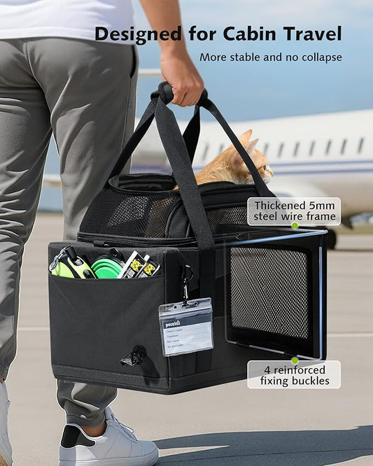 Pecute Expandable Pet Carrier Airline Approved Dog Cat Carrier, Breathable Soft-Sided with Locking Zippers, Pet Travel Bag for Small Dog Cat Anti-Scratch Mesh Leakproof Pee Pad (Dark Gray)