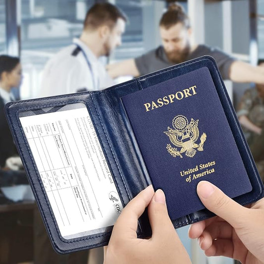 Passport and Vaccine Card Holder Combo, Passport Holder with Vaccine Card Slot, Passport Wallet, Passport Cover, Passport Case, Passport Holder for Women and Men(AB-Dark blue)