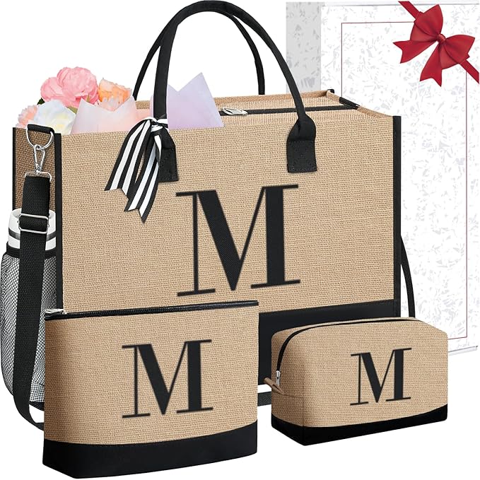 BAGAIL Initial Tote Bag, Personalized Birthday Gifts for Women, Teacher, Friends, Mom, Wedding, Monogrammed Beach Bag