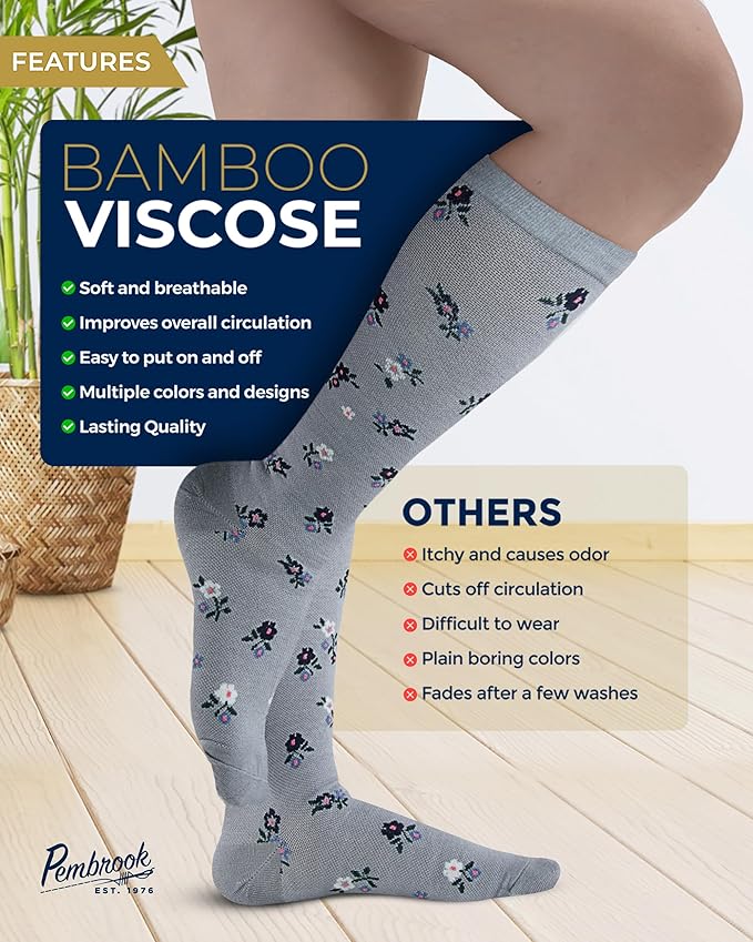Pembrook Bamboo Viscose Light Compression Socks - 3 Pairs | 8-15 mmhg Compression Socks | Knee High Comfort Support Socks
