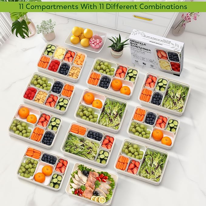 Snackle Box Container for Adults, 11 in 1 Divided Serving Tray Snack Box Containers with Stackable Compartment and Handle, Customizable Charcuterie Boxes Portable Snack Platter for Party Travel, White
