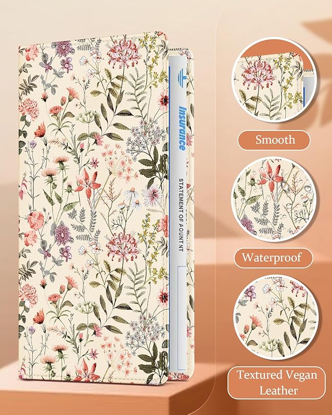 Slohif Car Registration and Insurance Holder - Floral Vehicle Glove Box Organizer Women with Magnetic Shut Leather Automobile License Holders Coasters Auto Accessories Case for Document