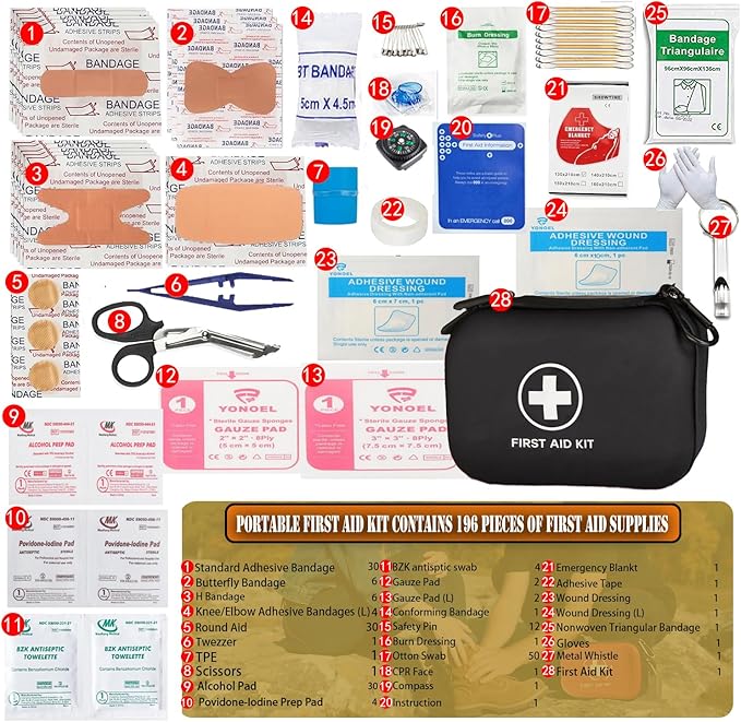First Aid Kit 196 Piece Waterproof Hard Shell Portable Survival Kit for Home, Camping, Cars, Hiking, Travel, Outdoor, Adventure Emergency Medical Kits (Black)