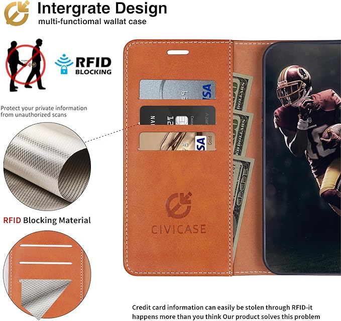 CIVICASE for iPhone 17 Pro Max Wallet Case,PU Leather Flip Case RFID Blocking Credit Card Holder Folio Magnetic Stand TPU Shockproof Cover Compatible with iPhone 17 Pro Max, Brown
