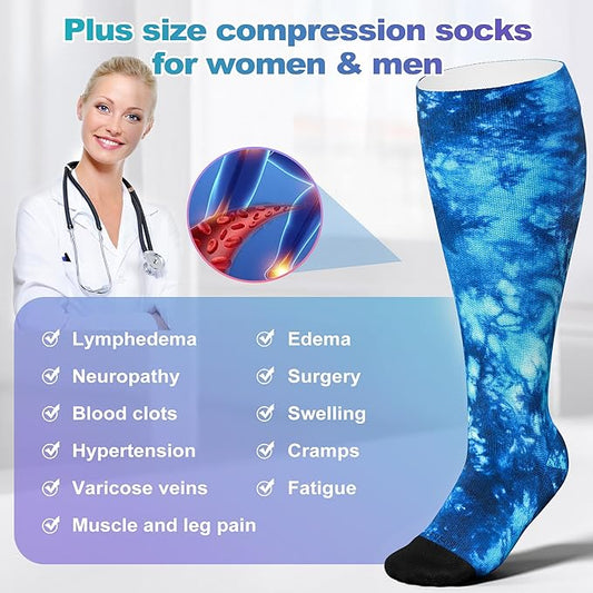 LEVSOX Plus Size Compression Socks for Women Men Wide Calf Extra Large 15-20 mmHg Knee High Sock for Nurses Pregnant Travel