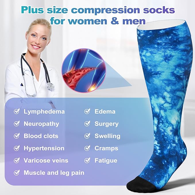 LEVSOX Plus Size Compression Socks for Women Men Wide Calf Extra Large 15-20 mmHg Knee High Sock for Nurses Pregnant Travel