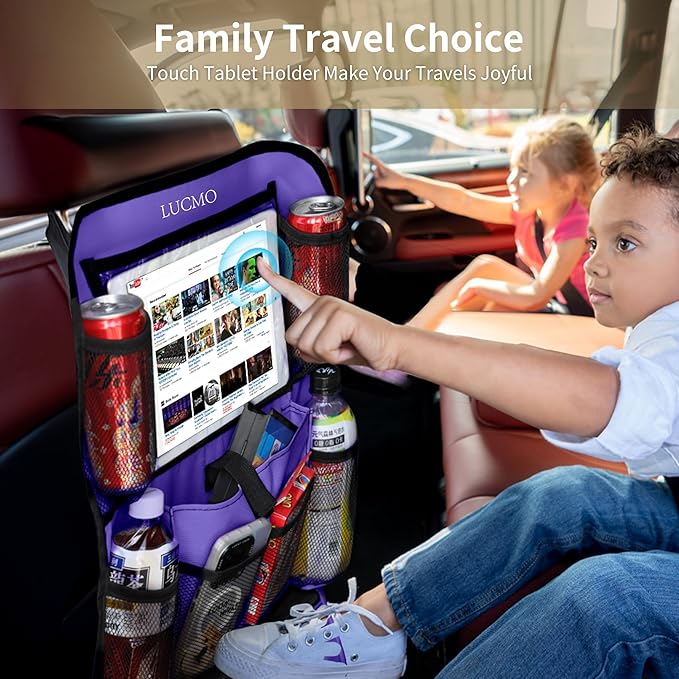 LUCMO Car Backseat Organizer with Touch Screen Tablet Holder-2 Pcs,9 Storage Pockets Car Storage Organizer Protectors Kick Mats Travel Accessories for Kids-Purple
